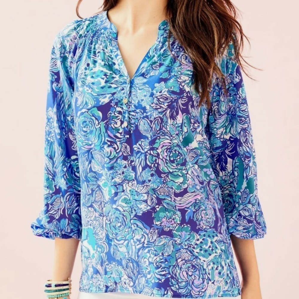 Lilly Pulitzer ELSA 100% Silk Top Royal Purple Cat Call size Medium NWT